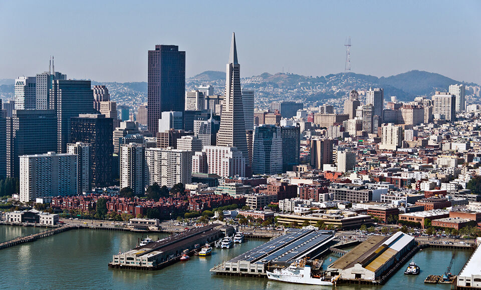 San Francisco skyline and Embarcadero Plaza, new home of Park Padel