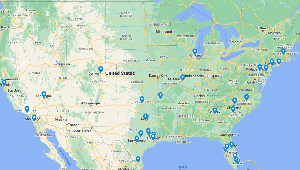 Map of US showing padel club locations