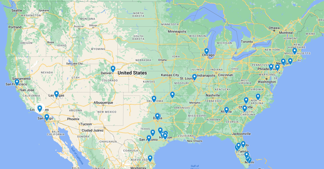 Map of US showing padel club locations